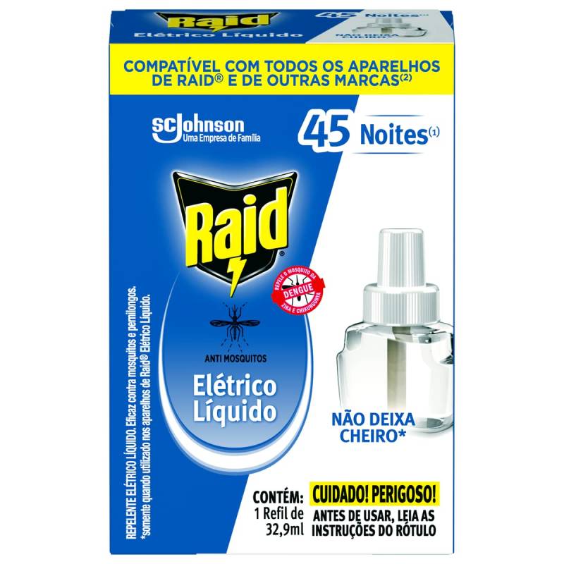 Repelente Elétrico Líquido Raid 45 Noites Refil 32,9ml